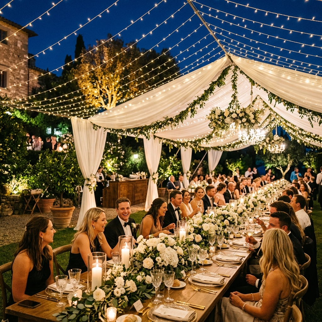 Outdoor wedding reception under fairy lights